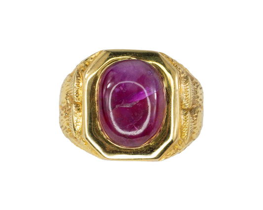 Yellow Gold Cabochon Ruby Textured Signet Ring