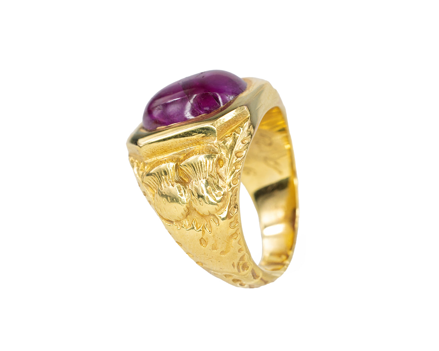 Yellow Gold Cabochon Ruby Textured Signet Ring