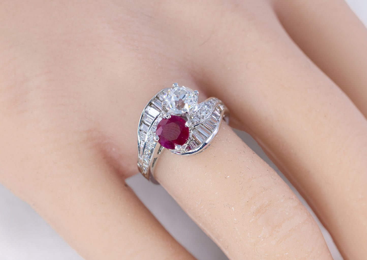 Ruby and Old European Cut Diamond Bypass Cocktail Ring