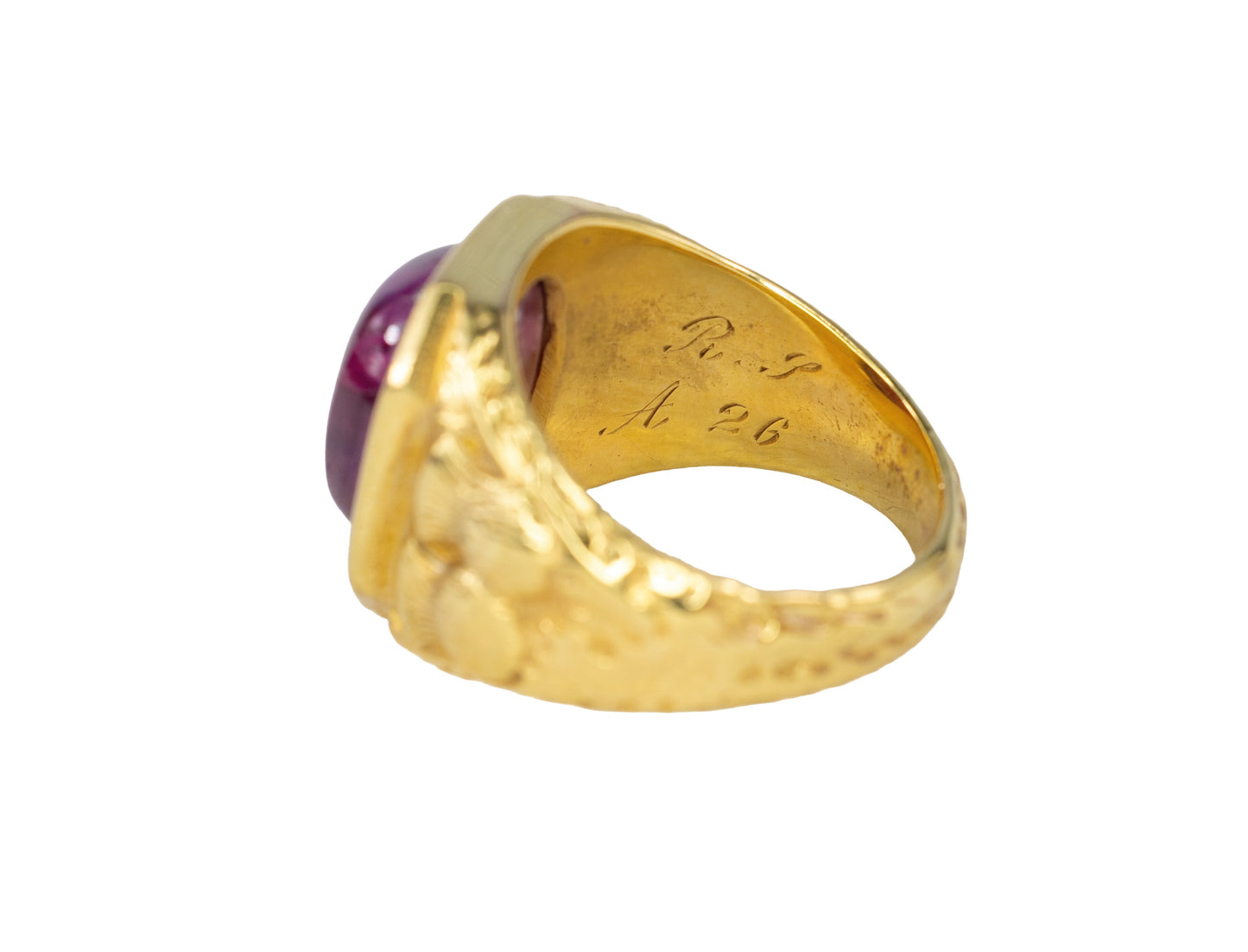 Yellow Gold Cabochon Ruby Textured Signet Ring