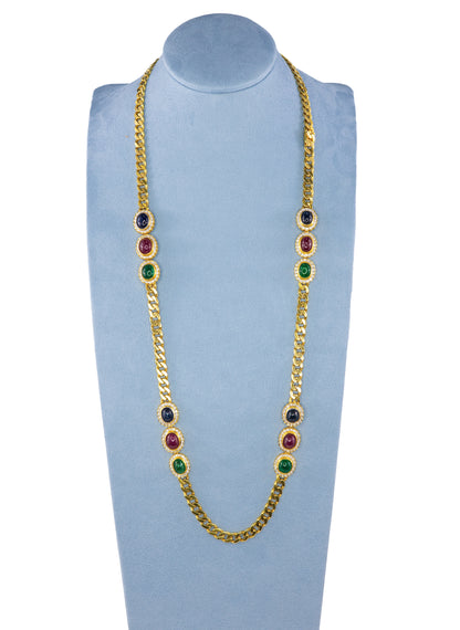 Cabochon Sapphire, Ruby, and Emerald Diamond Convertible Curb Chain Necklace