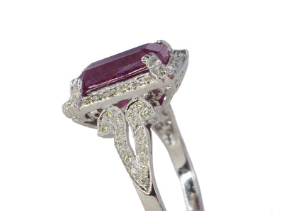 Emerald-Cut Ruby and Diamond Halo Filigree Ring