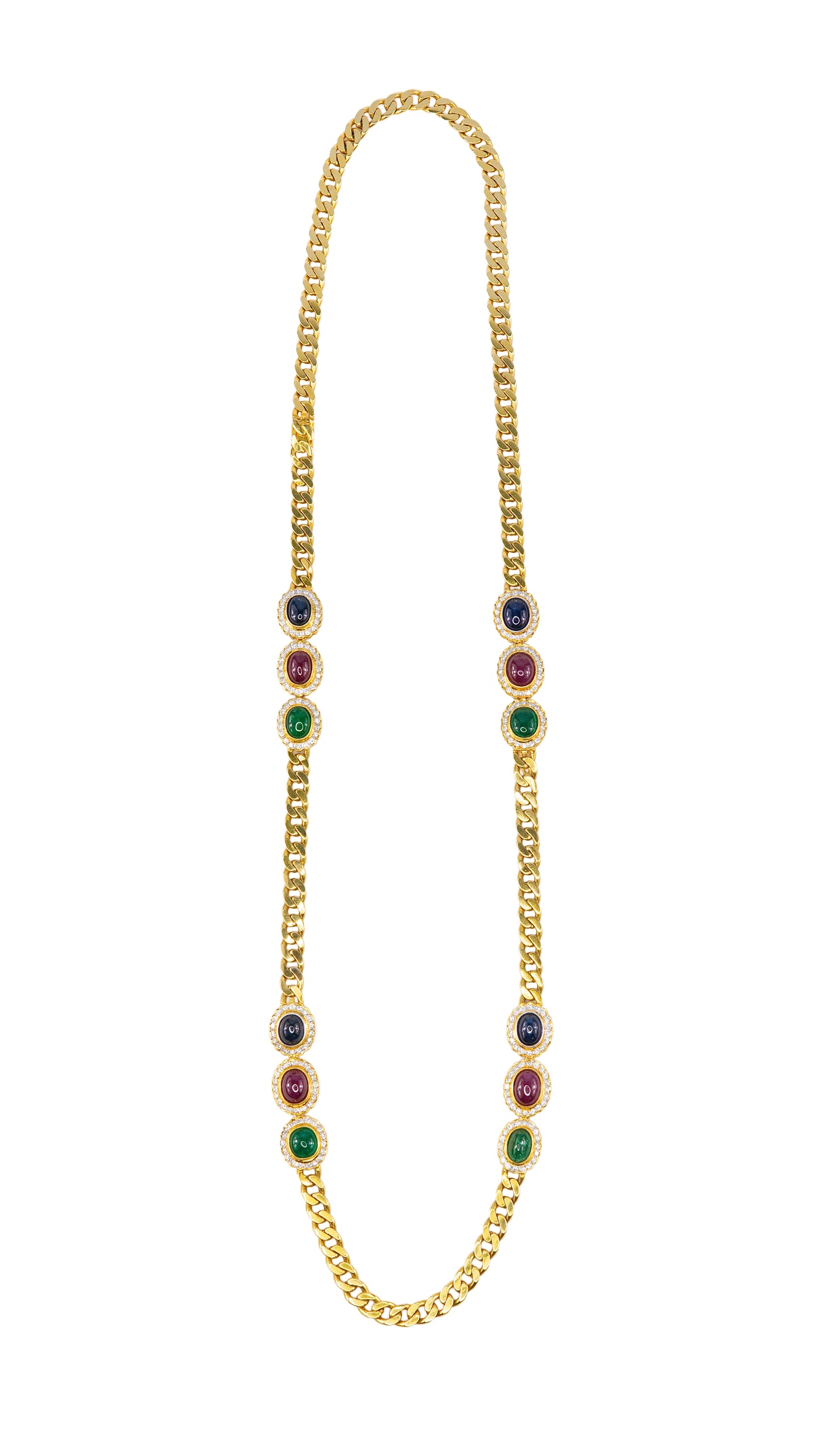 Cabochon Sapphire, Ruby, and Emerald Diamond Convertible Curb Chain Necklace