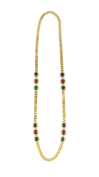 Cabochon Sapphire, Ruby, and Emerald Diamond Convertible Curb Chain Necklace