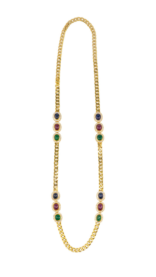Cabochon Sapphire, Ruby, and Emerald Diamond Convertible Curb Chain Necklace