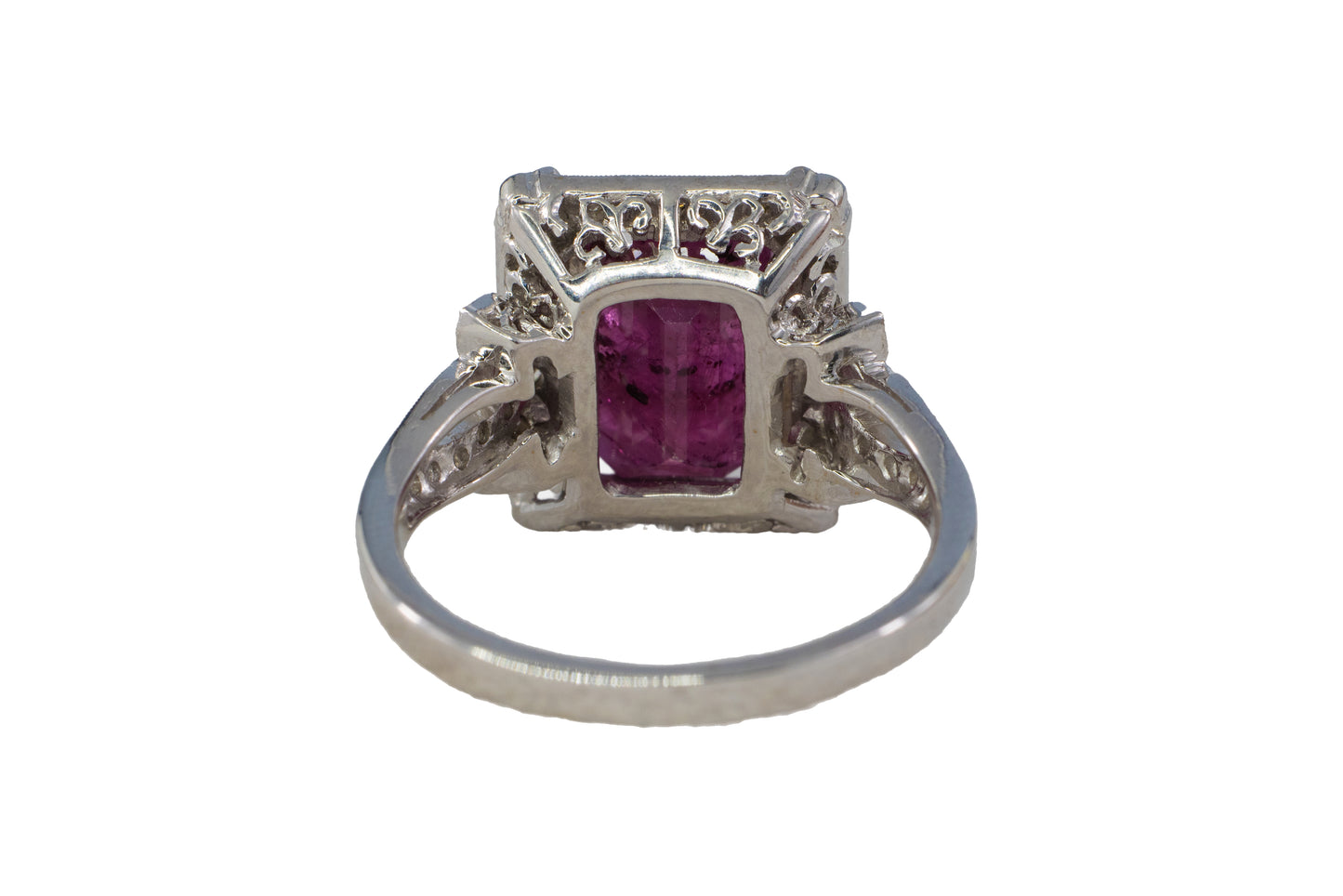 Emerald-Cut Ruby and Diamond Halo Filigree Ring