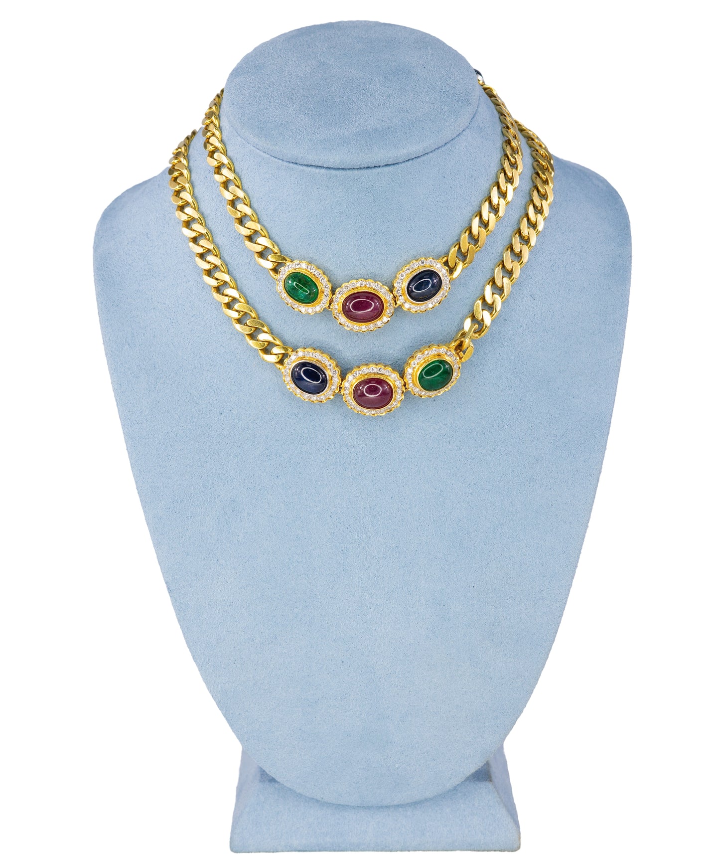 Cabochon Sapphire, Ruby, and Emerald Diamond Convertible Curb Chain Necklace