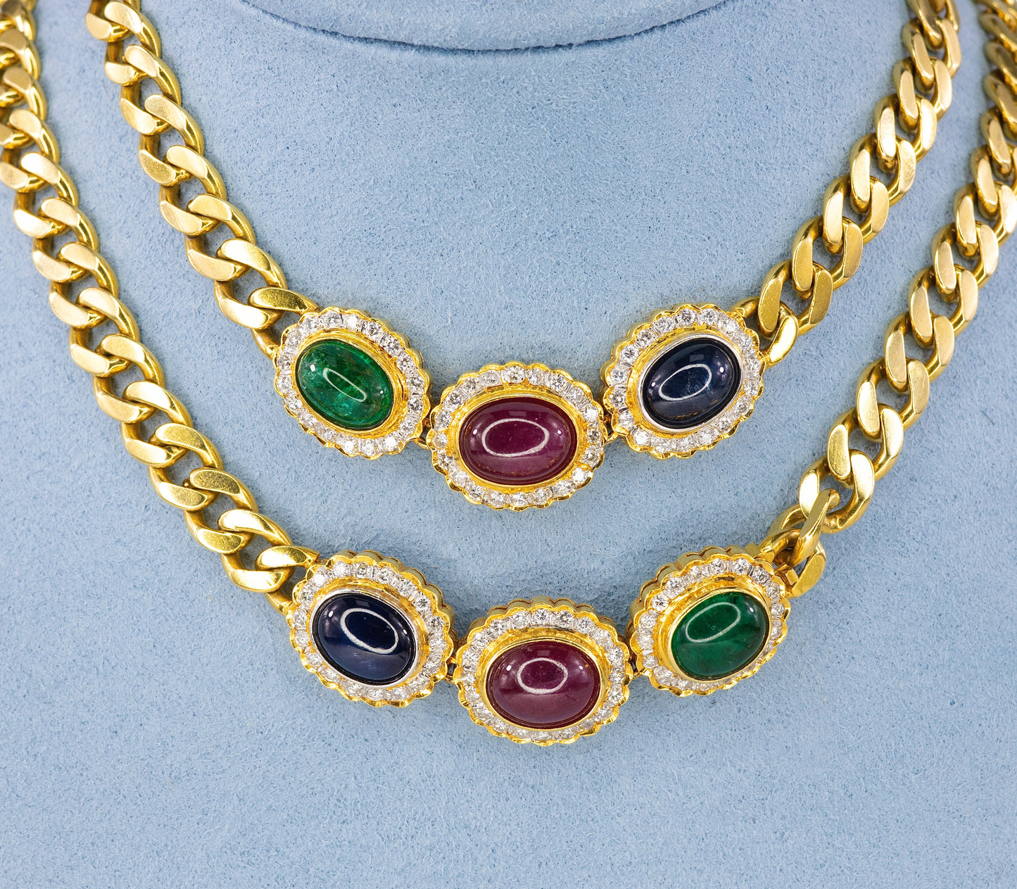 Cabochon Sapphire, Ruby, and Emerald Diamond Convertible Curb Chain Necklace