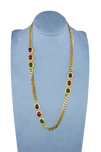 Cabochon Sapphire, Ruby, and Emerald Diamond Convertible Curb Chain Necklace