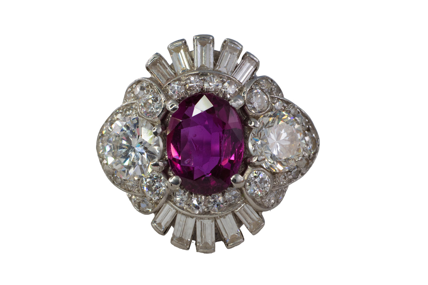 Oval Ruby and Mixed-Cut Diamond Fan Cluster Ring