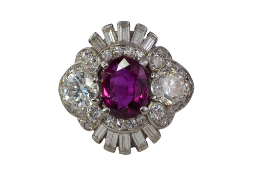 Oval Ruby and Mixed-Cut Diamond Fan Cluster Ring