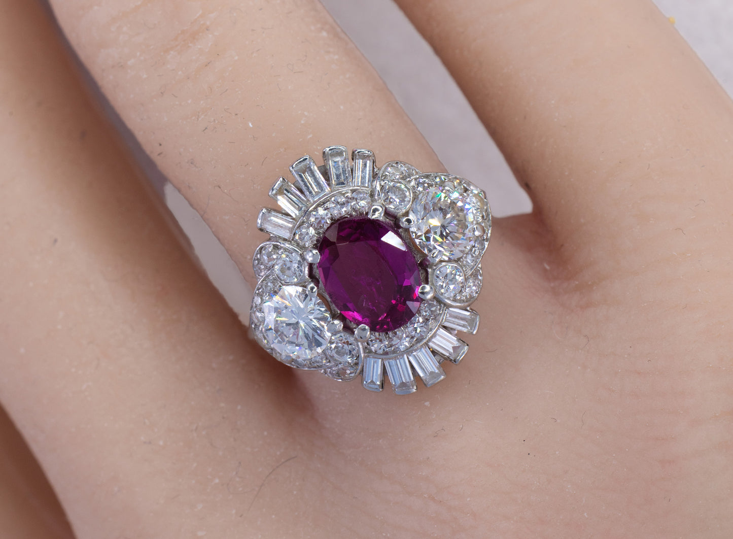 Oval Ruby and Mixed-Cut Diamond Fan Cluster Ring