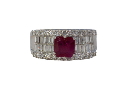 Emerald-Cut Ruby and Multi-Row Diamond Band