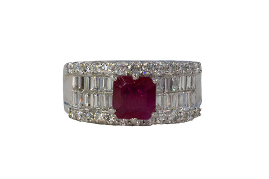 Emerald-Cut Ruby and Multi-Row Diamond Band