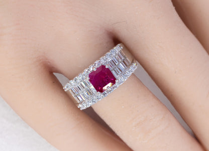 Emerald-Cut Ruby and Multi-Row Diamond Band