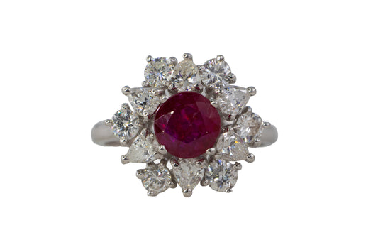 Ruby and Mixed-Cut Diamond Floral Cluster Ring