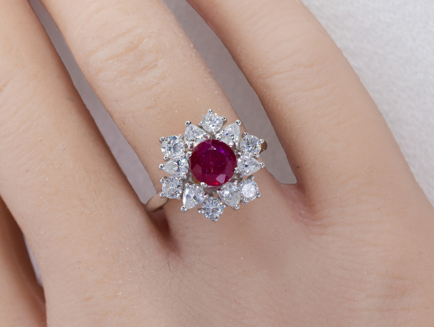 Ruby and Mixed-Cut Diamond Floral Cluster Ring