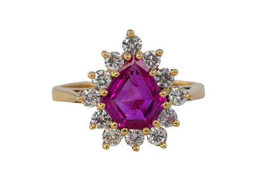 Shield-Cut Ruby and Diamond Starburst Halo Ring