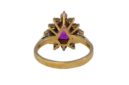 Shield-Cut Ruby and Diamond Starburst Halo Ring