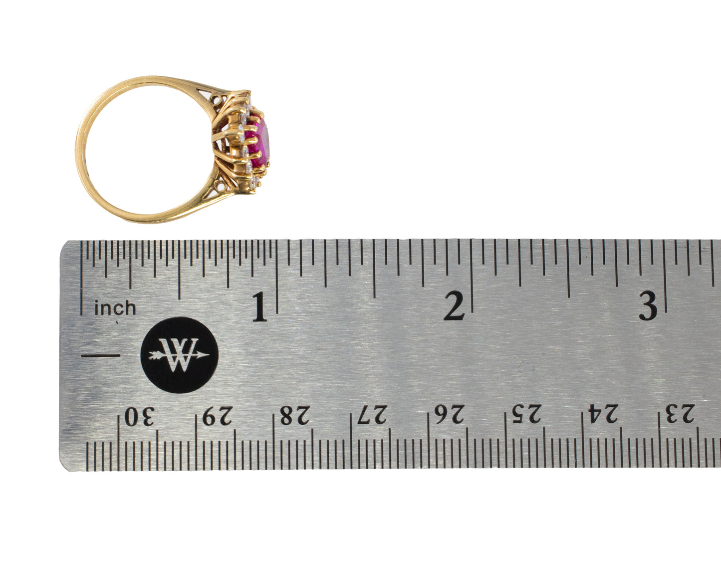Shield-Cut Ruby and Diamond Starburst Halo Ring