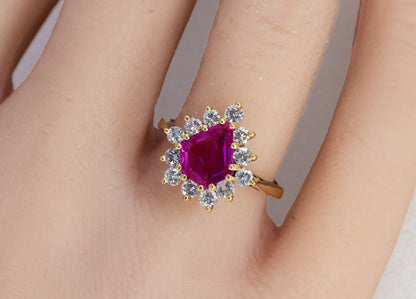 Shield-Cut Ruby and Diamond Starburst Halo Ring