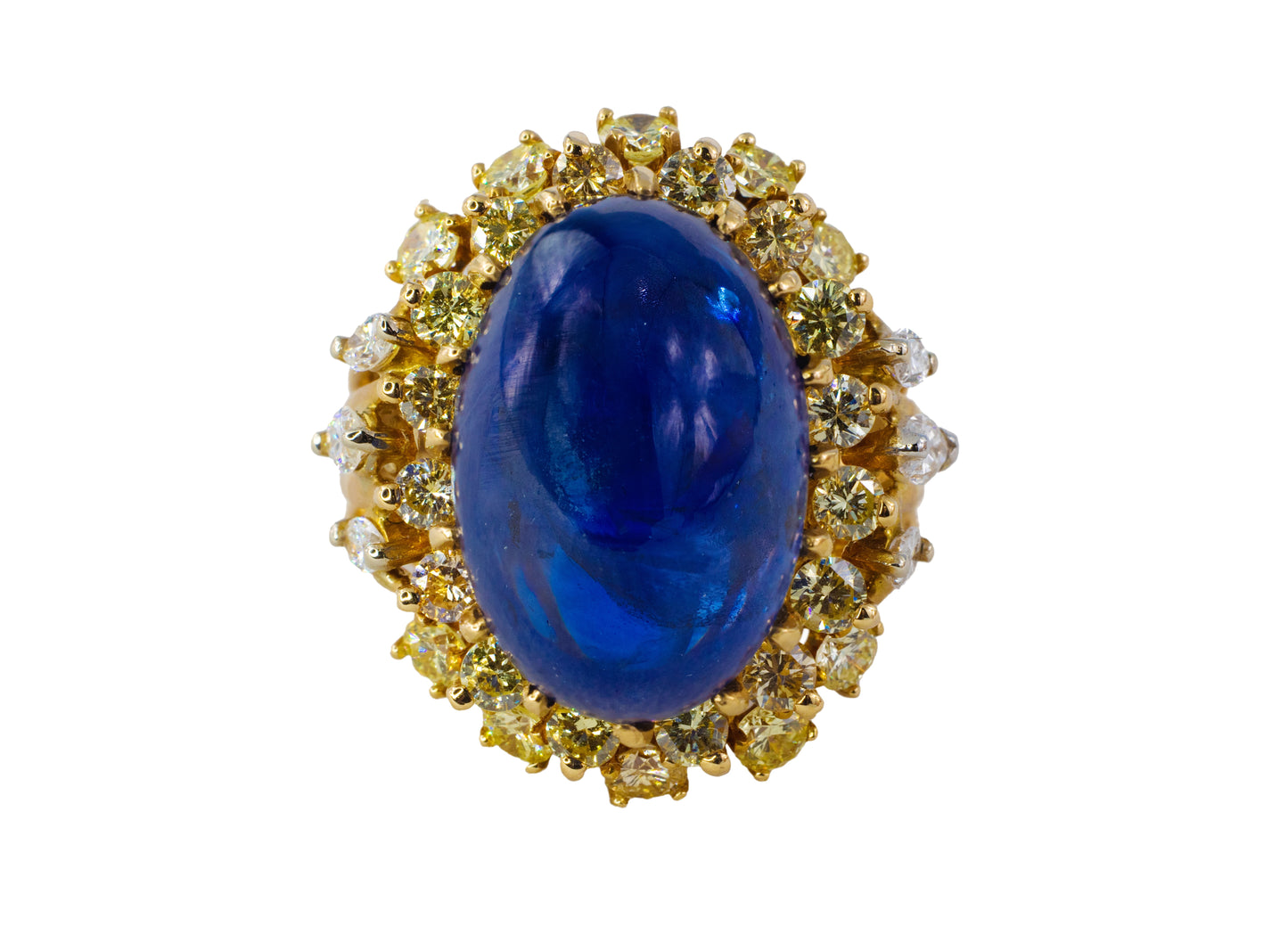Cabochon Sapphire and Fancy Yellow Diamond Halo Cluster Ring