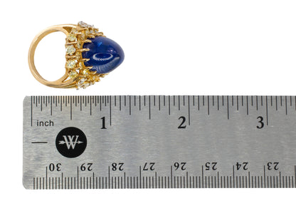 Cabochon Sapphire and Fancy Yellow Diamond Halo Cluster Ring