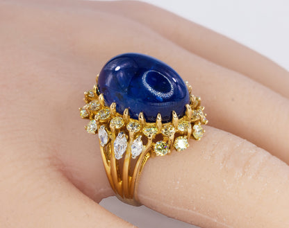 Cabochon Sapphire and Fancy Yellow Diamond Halo Cluster Ring