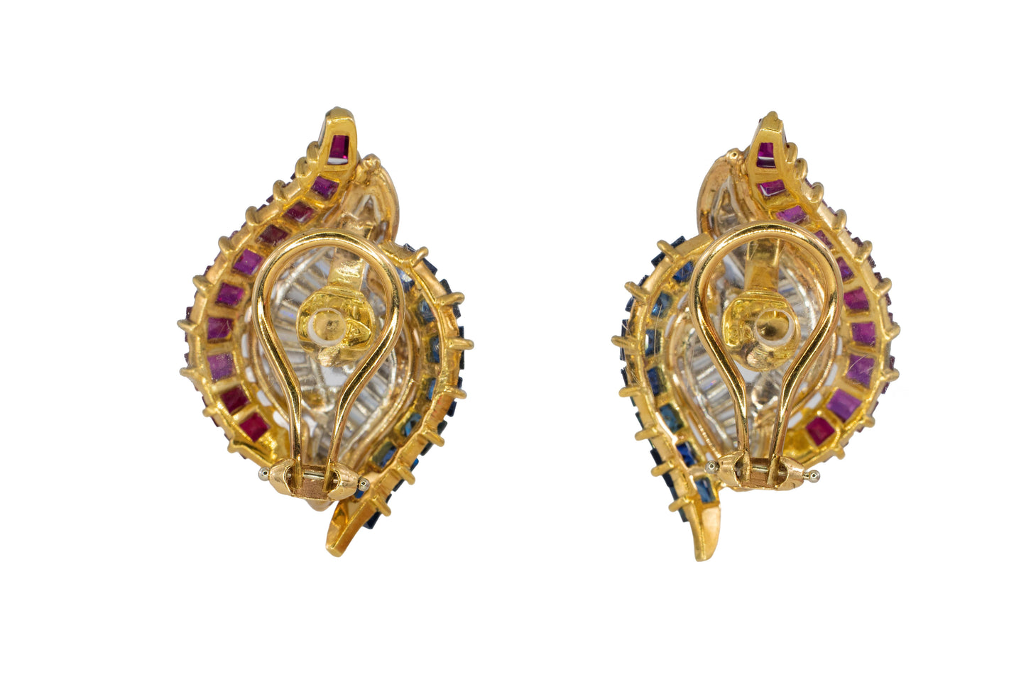 Marquise Diamond, Sapphire, and Ruby Swirl Clip-On Earrings