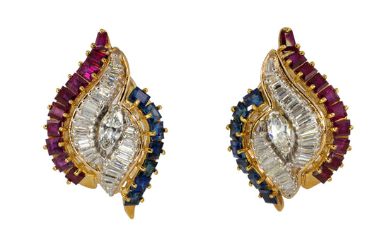 Marquise Diamond, Sapphire, and Ruby Swirl Clip-On Earrings