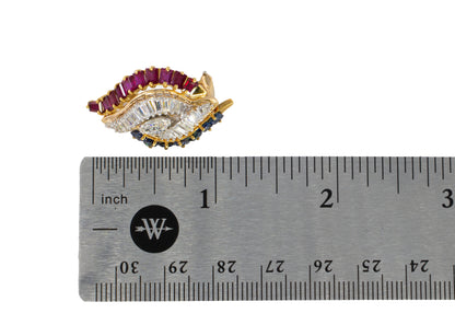 Marquise Diamond, Sapphire, and Ruby Swirl Clip-On Earrings