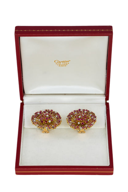 Cartier Ruby and Diamond Starburst Earclips