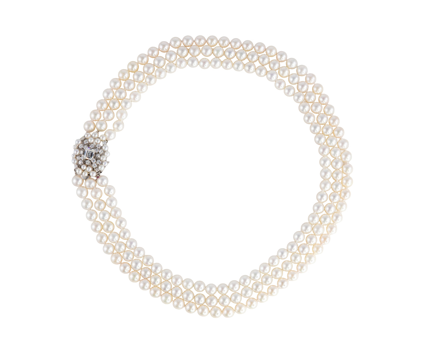 Triple Strand Cultured Pearl Necklace with GIA Emerald-Cut Diamond Clasp