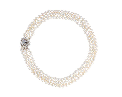 Triple Strand Cultured Pearl Necklace with GIA Emerald-Cut Diamond Clasp