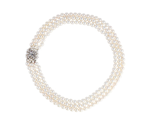 Triple Strand Cultured Pearl Necklace with GIA Emerald-Cut Diamond Clasp