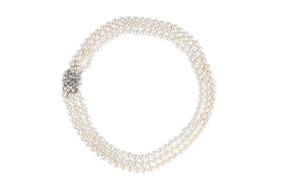 Triple Strand Cultured Pearl Necklace with GIA Emerald-Cut Diamond Clasp