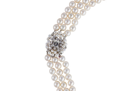 Triple Strand Cultured Pearl Necklace with GIA Emerald-Cut Diamond Clasp