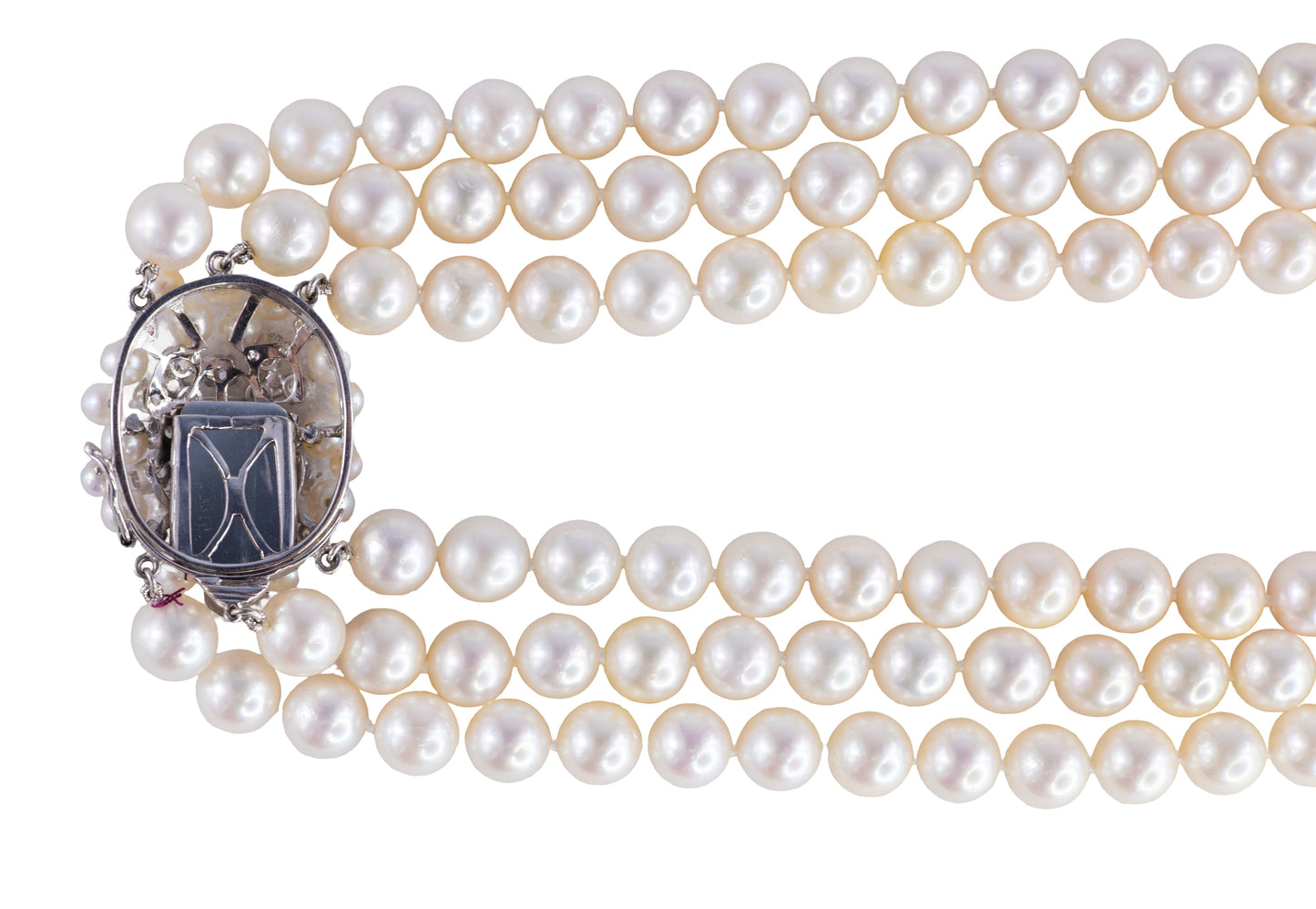 Triple Strand Cultured Pearl Necklace with GIA Emerald-Cut Diamond Clasp