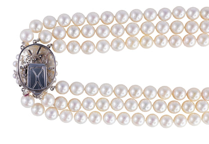 Triple Strand Cultured Pearl Necklace with GIA Emerald-Cut Diamond Clasp