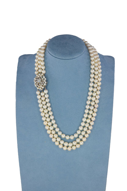Triple Strand Cultured Pearl Necklace with GIA Emerald-Cut Diamond Clasp