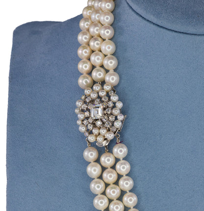 Triple Strand Cultured Pearl Necklace with GIA Emerald-Cut Diamond Clasp