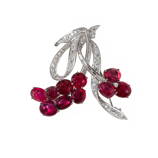 Ruby Cabochon and Diamond Ribbon Spray Brooch