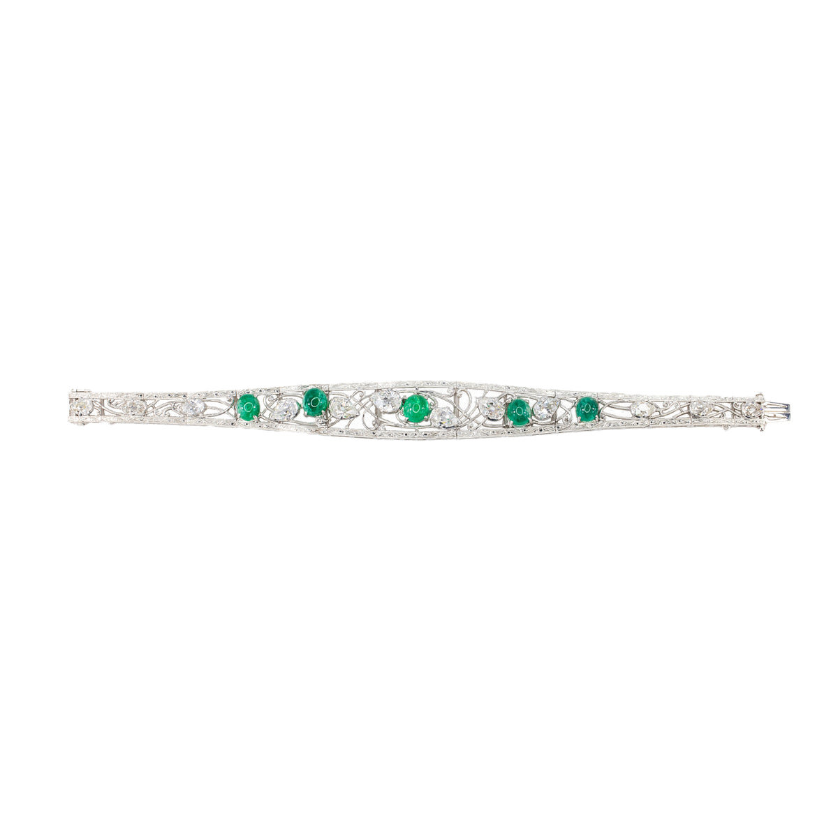 Art Deco Cabochon Emerald and Pear Shape Diamond Bracelet in Platinum