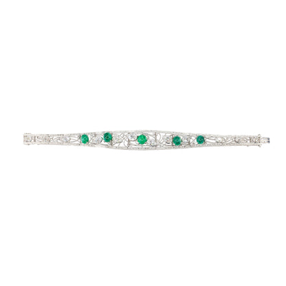 Art Deco Cabochon Emerald and Pear Shape Diamond Bracelet in Platinum