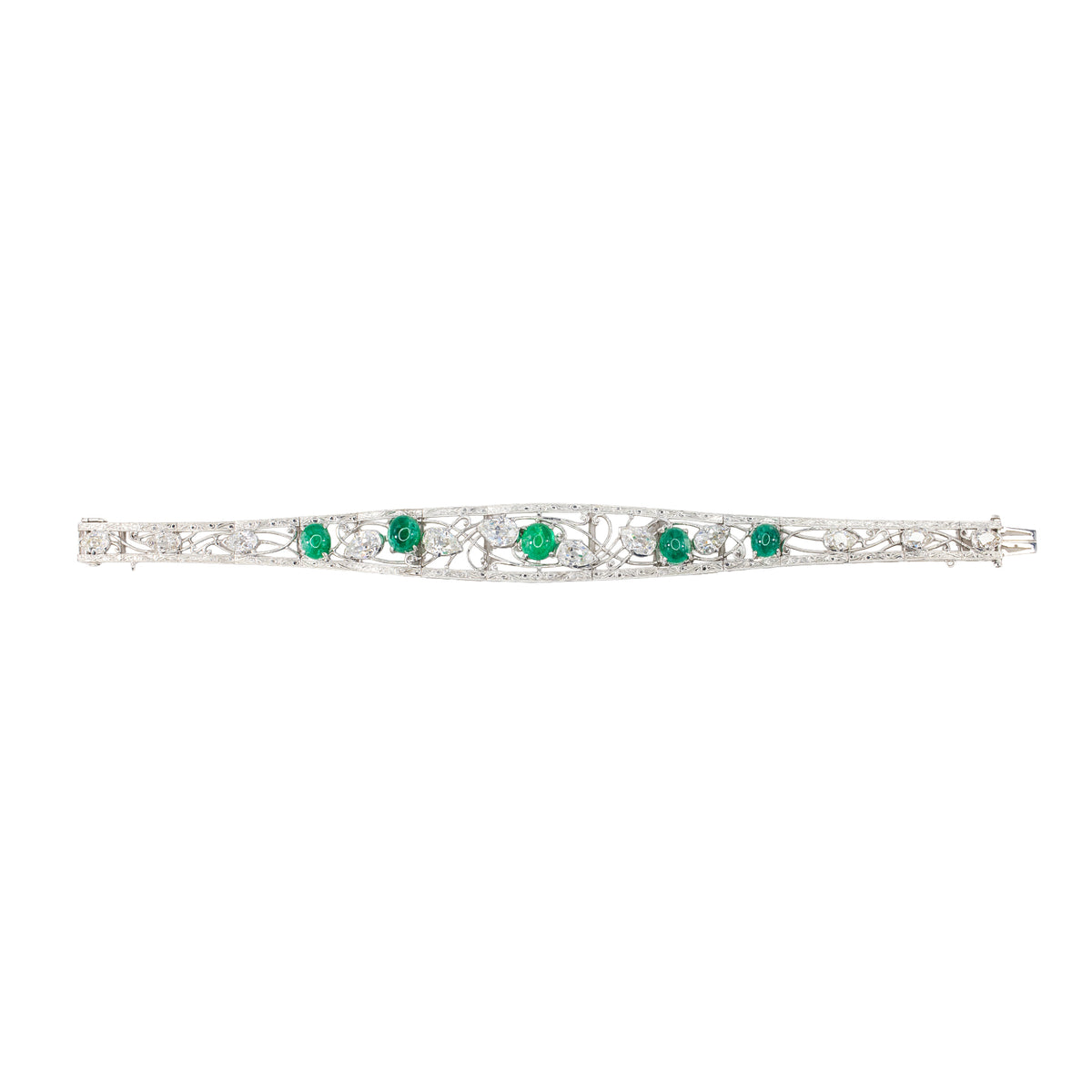 Art Deco Cabochon Emerald and Pear Shape Diamond Bracelet in Platinum