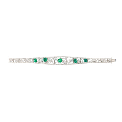 Art Deco Cabochon Emerald and Pear Shape Diamond Bracelet in Platinum