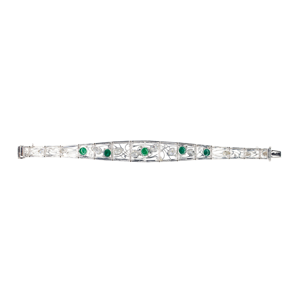 Art Deco Cabochon Emerald and Pear Shape Diamond Bracelet in Platinum