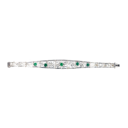 Art Deco Cabochon Emerald and Pear Shape Diamond Bracelet in Platinum