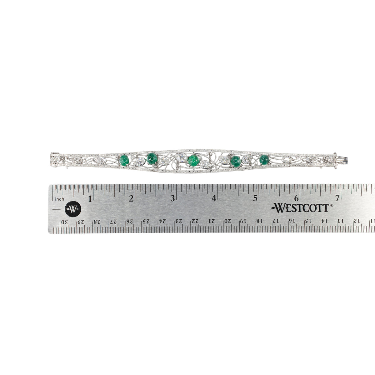 Art Deco Cabochon Emerald and Pear Shape Diamond Bracelet in Platinum