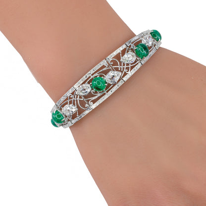 Art Deco Cabochon Emerald and Pear Shape Diamond Bracelet in Platinum